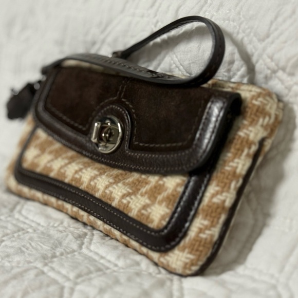 Coach Hamptons Vintage Mini Bag Y2K Brown Houndstooth Wool & Suede Turnlock - Picture 2 of 16